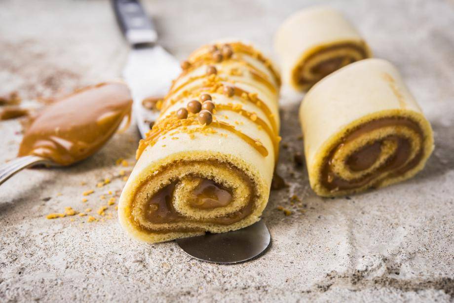 Caramel Swiss rolls topped with Salty Caramel Crispy bites and Caramel Toffee Crunch