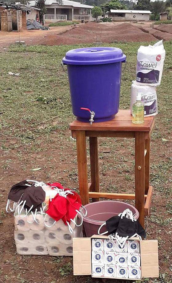 Water station, soap, sanitizers and masks